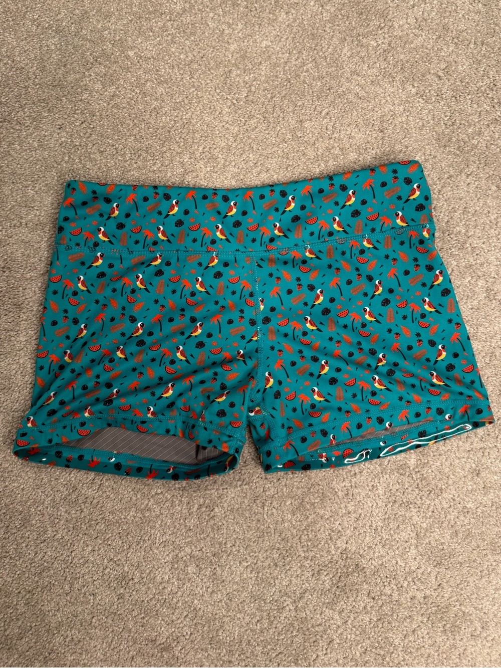 IAB MFG Teal Tropical Bird Print Athletic Shorts Size 10 Large